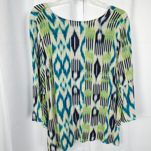 Chico's Ikat Back Detail Bell Sleeve Tunic Women 1/8 Green Blue White Rayon